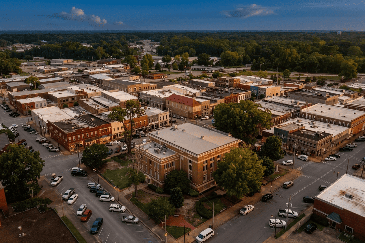 Aerial view of downtown Corinth, Mississippi at golden hour