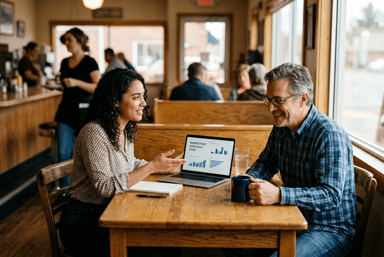 Marketing consultant reviewing a strategy presentation with a local business owner at a diner